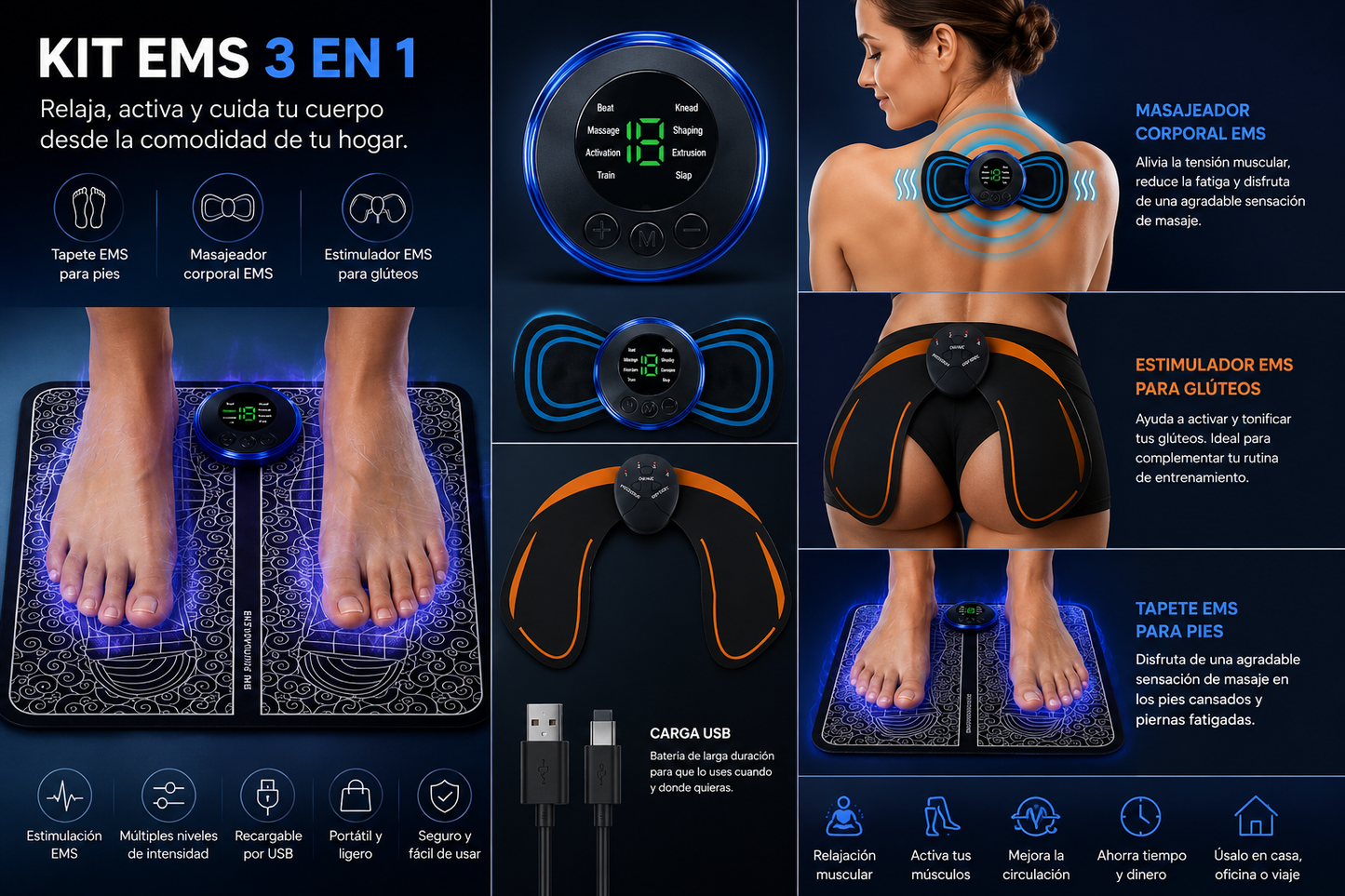 ¡Relaja Tus Músculos y Tonifica Tu Cuerpo con el Kit EMS 3 en 1!