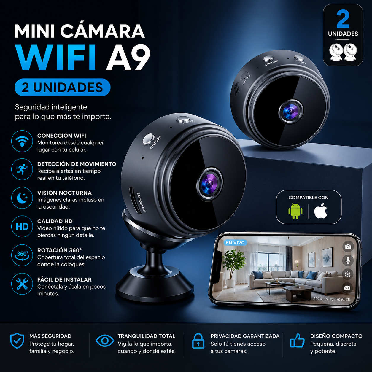 Vigila Tu Hogar Desde Cualquier Lugar con la Mini Cámara WiFi A9 x2