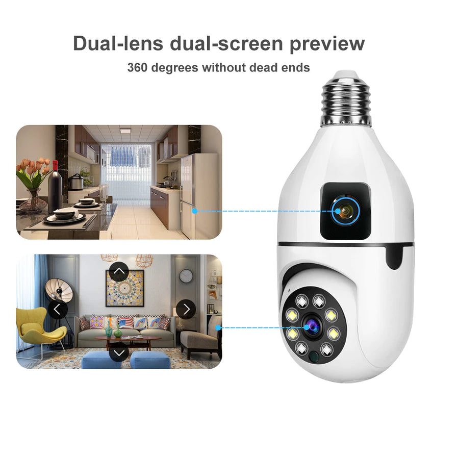 Cámara de Seguridad A067 BulbCam 360° Dual – Vigilancia Inteligente y Cobertura Total para tu Hogar